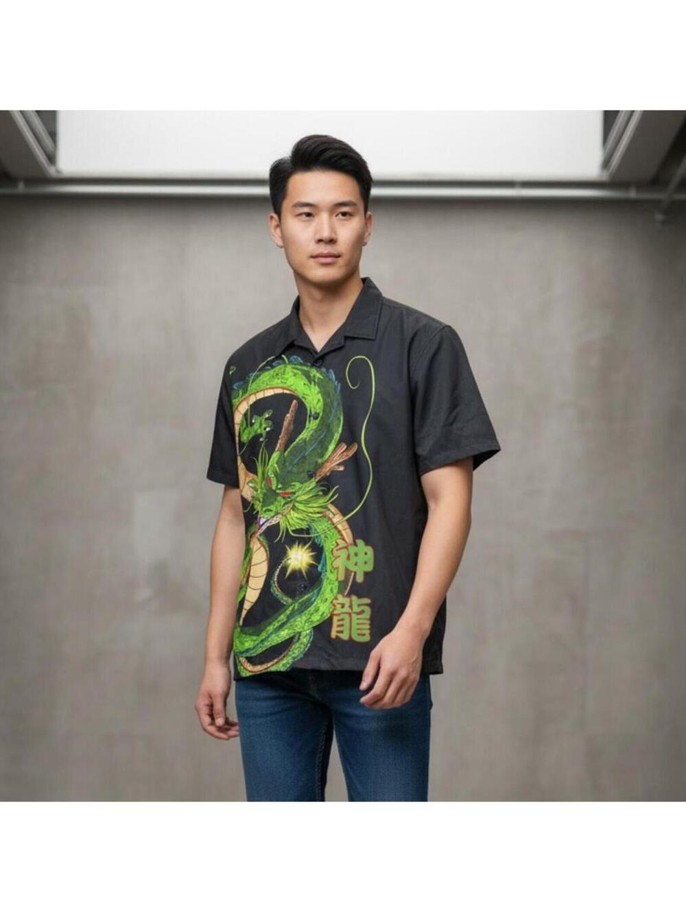 Vintage Dragon Ball Z Men's Black Shenron Graphic Button-Up Shirt - Size Small